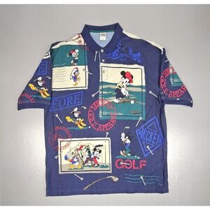 Vintage Disney Mickey Mouse Polo Shirt Mens 2XL Golf‎ All Over Print Denim Trim